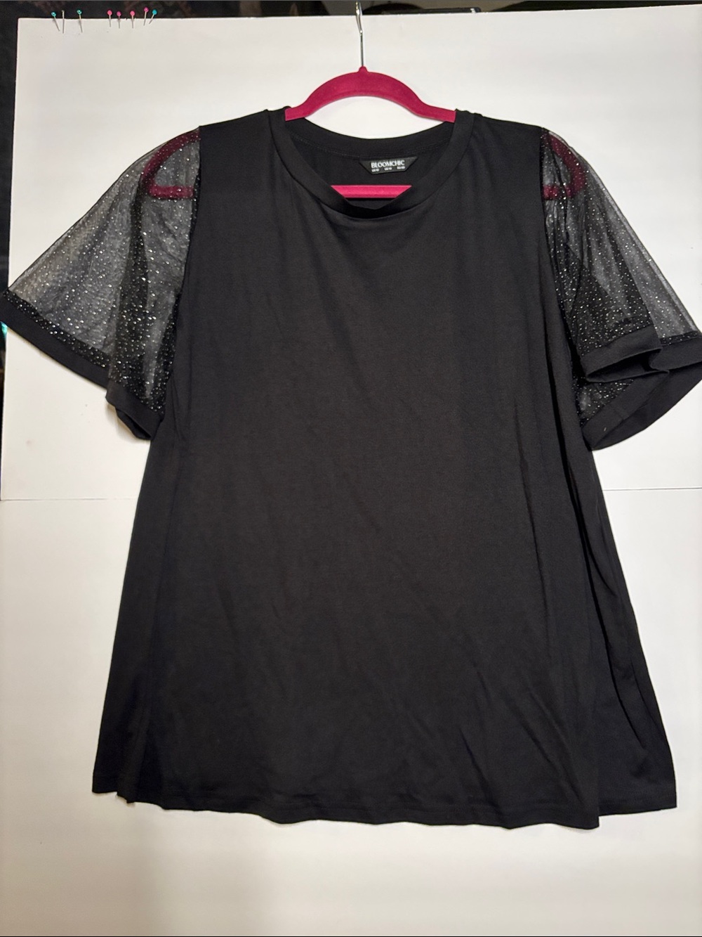 BloomChic Black Short-Sleeve Top with Sparkle Mesh Sleeves